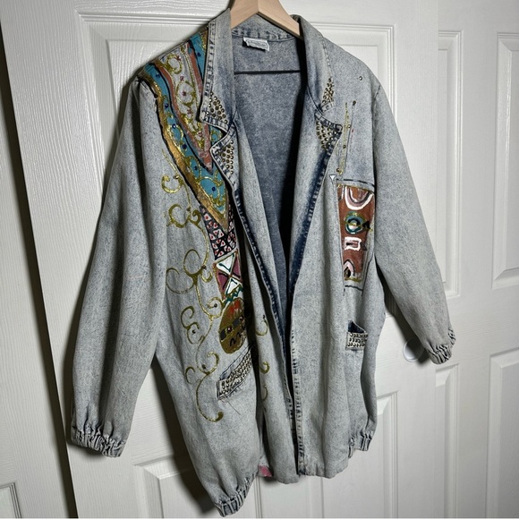 Vintage 80s Charle Casuals California Embellished Denim Jacket Acid 1980s Artsy - Picture 6 of 16